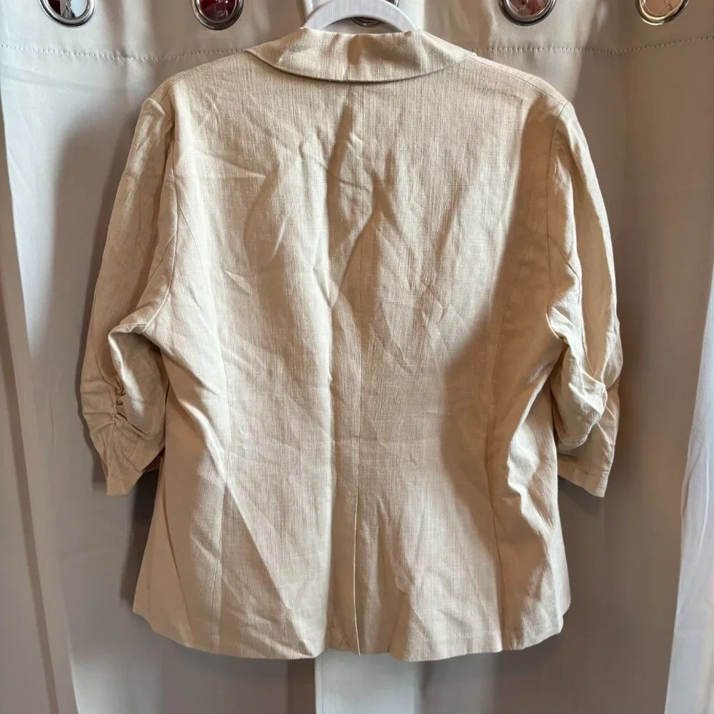 Mina Self Flax Linen Blend Blazer Beige Business Casual L Ruched Sleeve 18995x - Picture 2 of 12